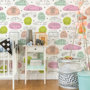 Cars wall mural, self adhesive wallpaper, nursery wallpaper, removable wall decal, boys room wall mural, peel and stick temporary wallpaper