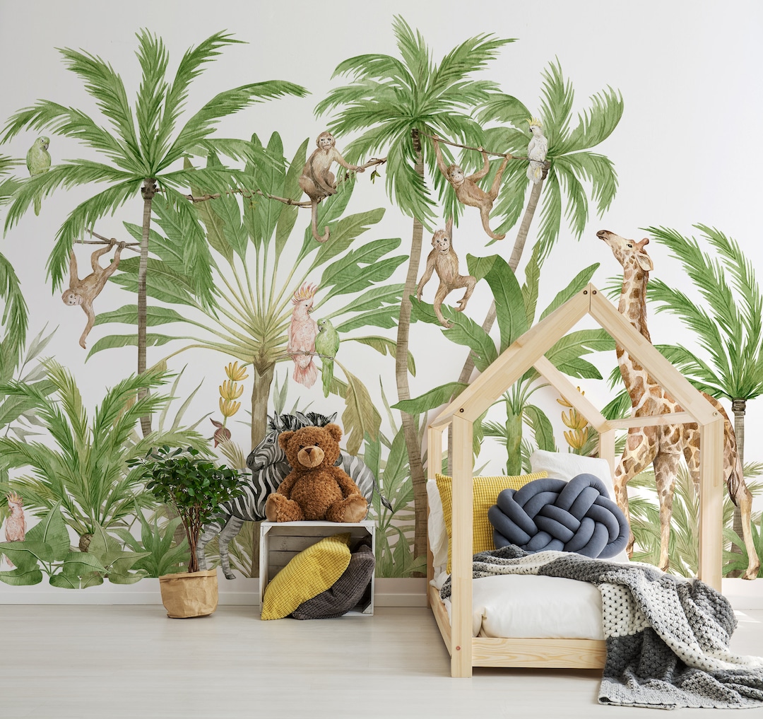 Kids Wall Mural, Jungle Animals Wallpaper, Peel and Stick Wall Mural ...