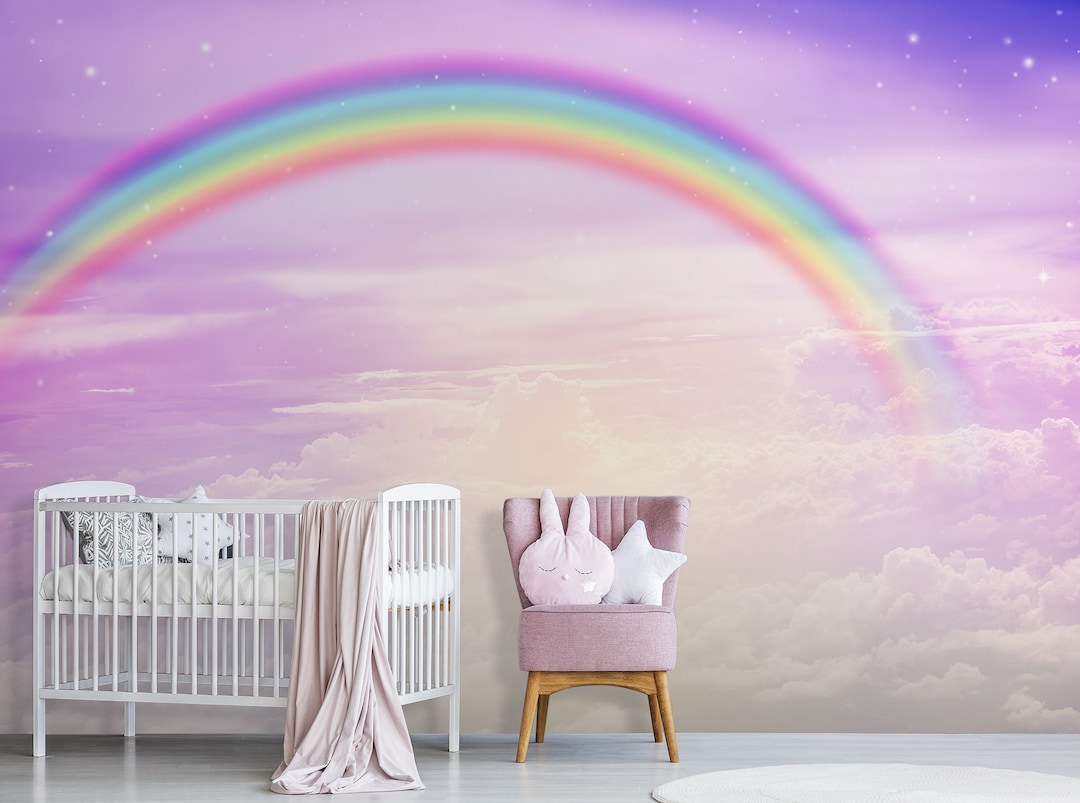 Kids Wallpaper With Purple Sky and Rainbow, Cloud Wall Art, Nursery ...