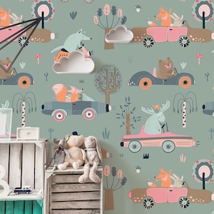 Kinderkamerbehang met dieren die de auto besturen, muurschildering, schil en stok, tijdelijk verwijderbaar behang, babymuurdecor