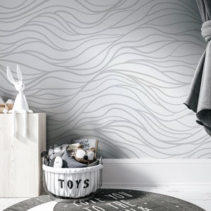 Kids nursery wallpaper, wave wallpaper for kids room, gray abstract pattern wall mural, peel and stick or traditional wallpaper