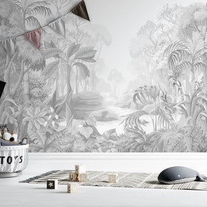 Nursery vintage wallpaper, tropical landscape wallpaper, kids wallpaper peel and stick or traditional vinyl wallpaper