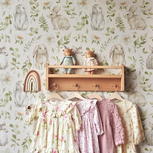 Bunny and flower wallpaper, watercolor wallpaper, nursery wall print, kids wall mural, peel and stick or traditional wallpaper