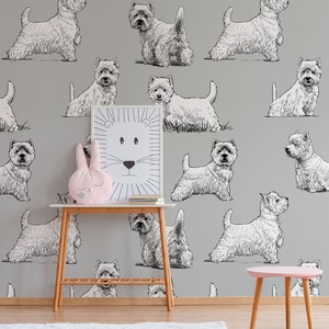 Gray wallpaper with dog pattern for kids room, peel and stick, self adhesive, nursery wallpaper, kids room wall mural, baby room wall decor