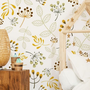 Botanical nursery wallpaper, kids floral wallpaper, flowers and leaves pattern wallpaper, removable wallpaper, baby room wall decor