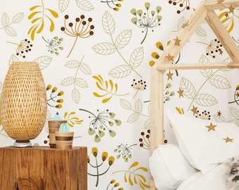 Botanical nursery wallpaper, kids floral wallpaper, flowers and leaves pattern wallpaper, removable wallpaper, baby room wall decor