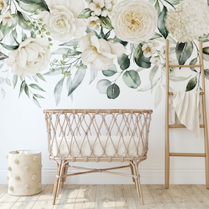 Nursery floral wallpaper, kids wall mural, watercolor wallpaper, white roses wall art,  peel and stick or traditional vinyl wallpaper