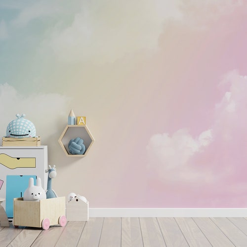Pastel Clouds Kids Wallpaper Kids Room Wall Mural Pink Sky - Etsy
