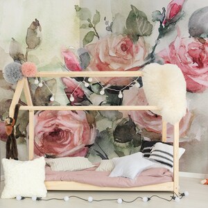 Watercolor roses removable wallpaper, nursery wallpaper, girls room decor, peel and stick wallpaper, wall mural, temporary kids wallpaper