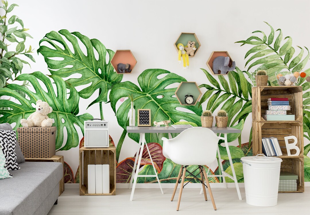 Kids Wallpaper Mural, Watercolor Jungle, Peel and Stick Wall Mural ...