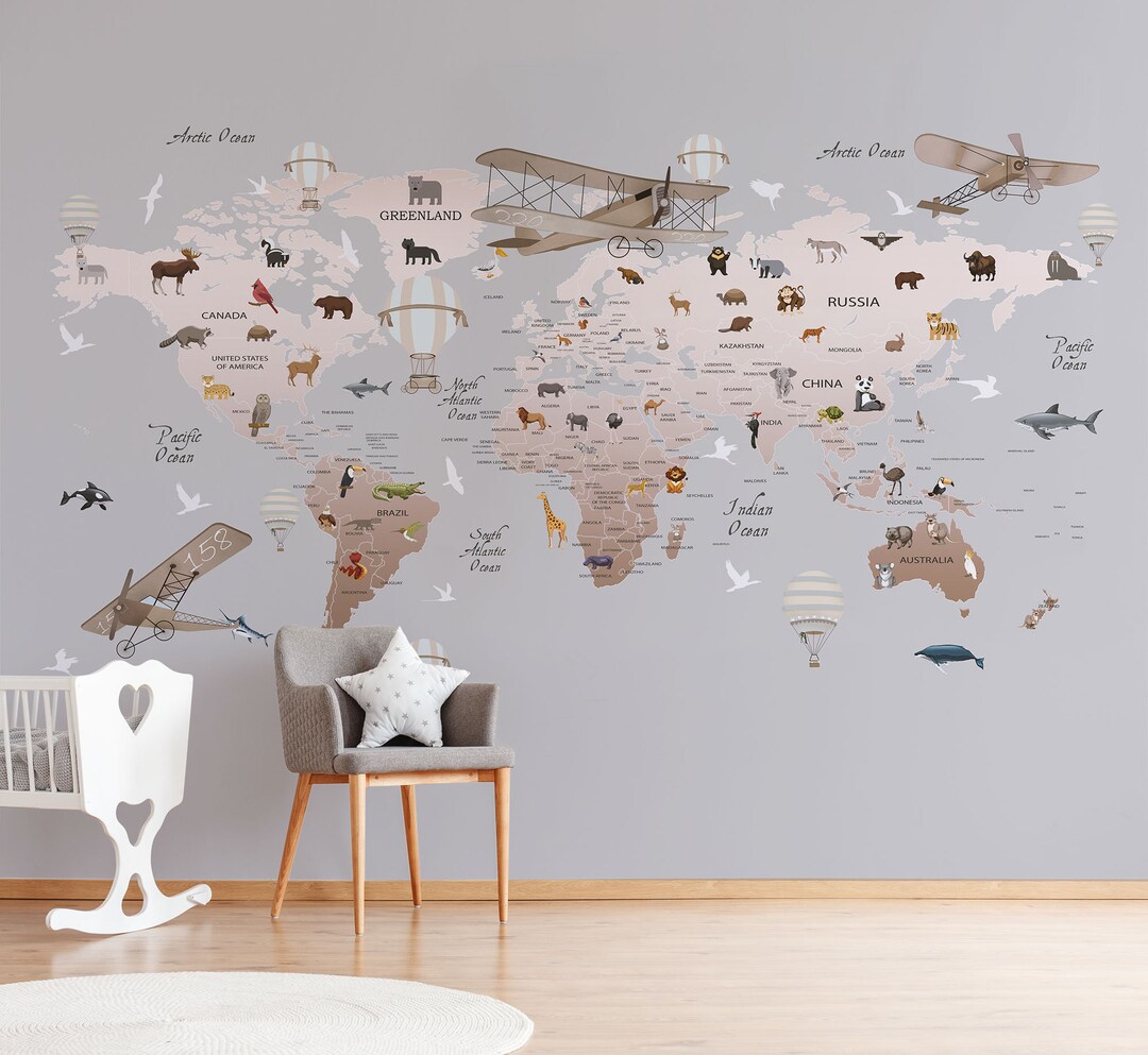 Map of the World Wallpaper Kids Nursery Wallpaper Gray - Etsy