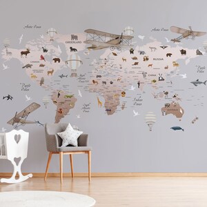 Papier peint de la carte du monde, papier peint de crèche pour enfants, papier peint gris, papier peint amovible, décoration murale de chambre de bébé
