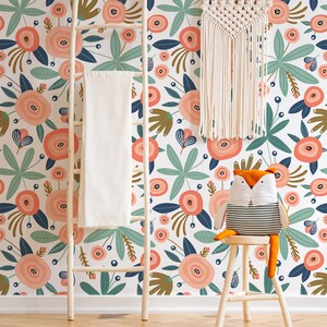 Kids wallpaper with flower pattern, peel and stick wall mural for kids room, removable wallpaper#