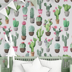 Carta da parati ad acquerello con cactus, motivo vegetale, stampa botanica per vivaio, murale per bambini, stacca e incolla o carta da parati tradizionale
