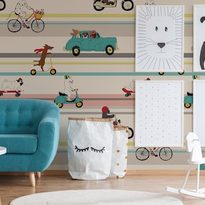 Driver dogs wallpaper, kids removable wallpaper, peel and stick self adhesive dog wallpaper, kids room animal wallpaper, wall decor