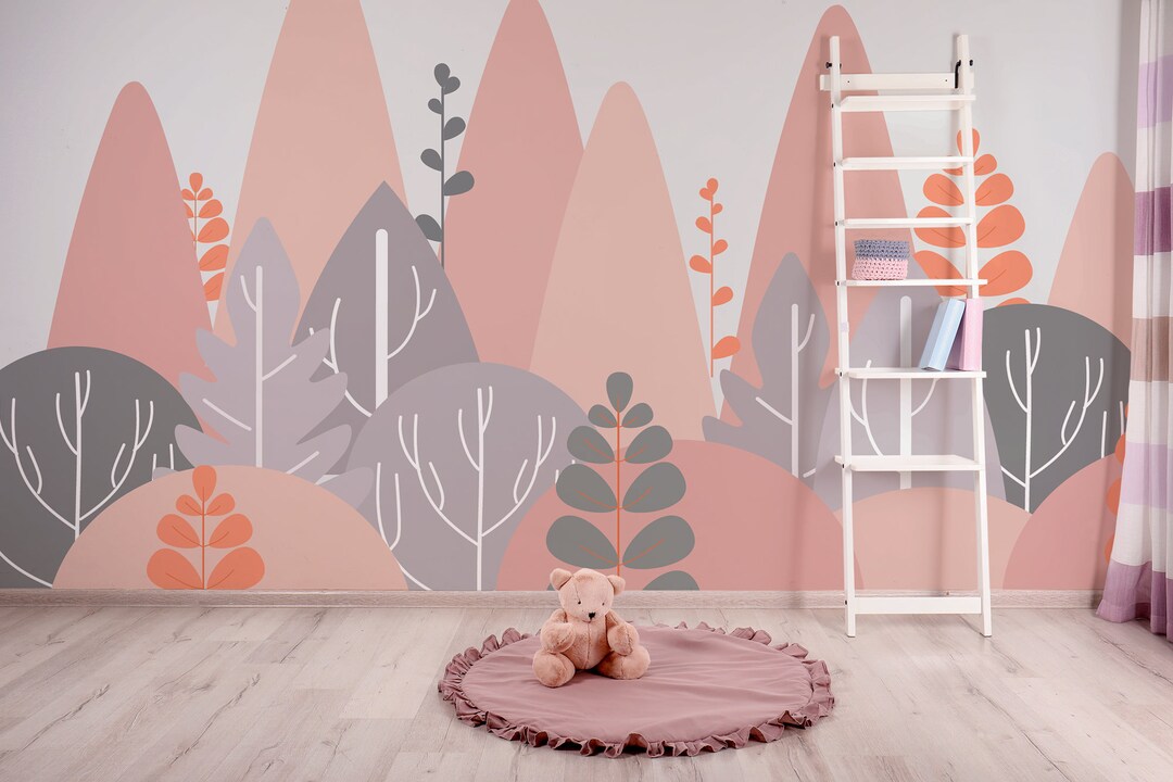 Pink Mountains Nursery Wall Mural, Forest Wallpaper, Peel and Stick ...