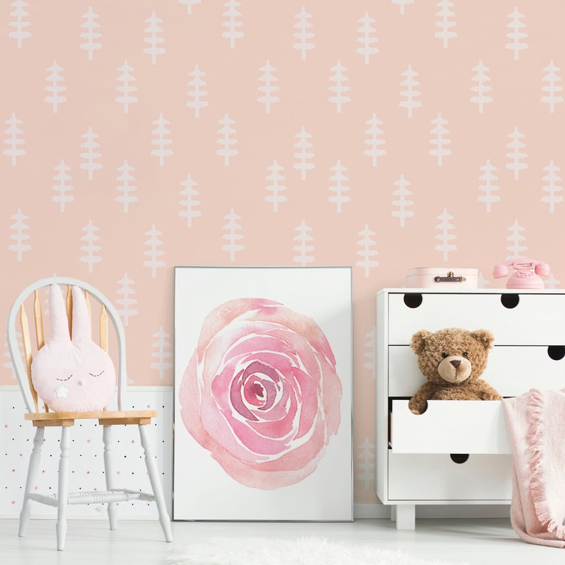 Pink Nursery Wallpaper With White Trees Peel and Stick Etsy