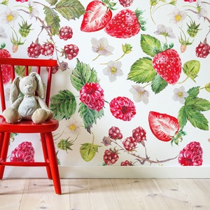 Raspberry and strawberry wallpaper, forest fruit nursery wallpaper, kids wall mural, peel and stick, removable wallpaper, baby wall decor