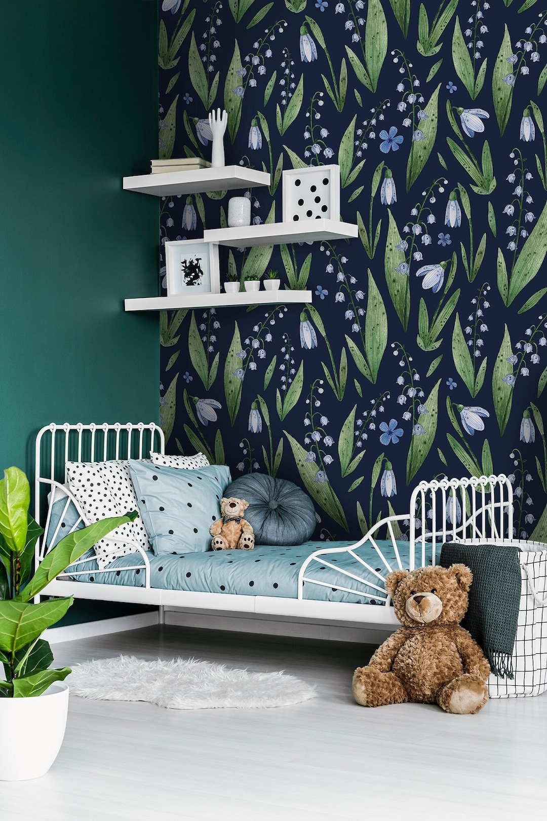 Kids Wallpaper, Watercolor Botanical Pattern With Blue Flowers, Nursery ...