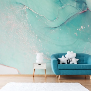 Teal marble wall mural, watercolor abstract wallpaper, kids removable wallpaper, self adhesive, peel and stick wall decor