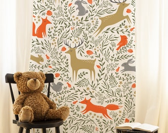 Woodland wallpaper, kids nursery wallpaper, removable wallpaper, peel and stick self adhesive animal wallpaper, baby room wall decor