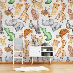 Safari animals wallpaper for kids room, peel and stick, self adhesive, nursery wallpaper, kids room wall mural, baby room wall decor