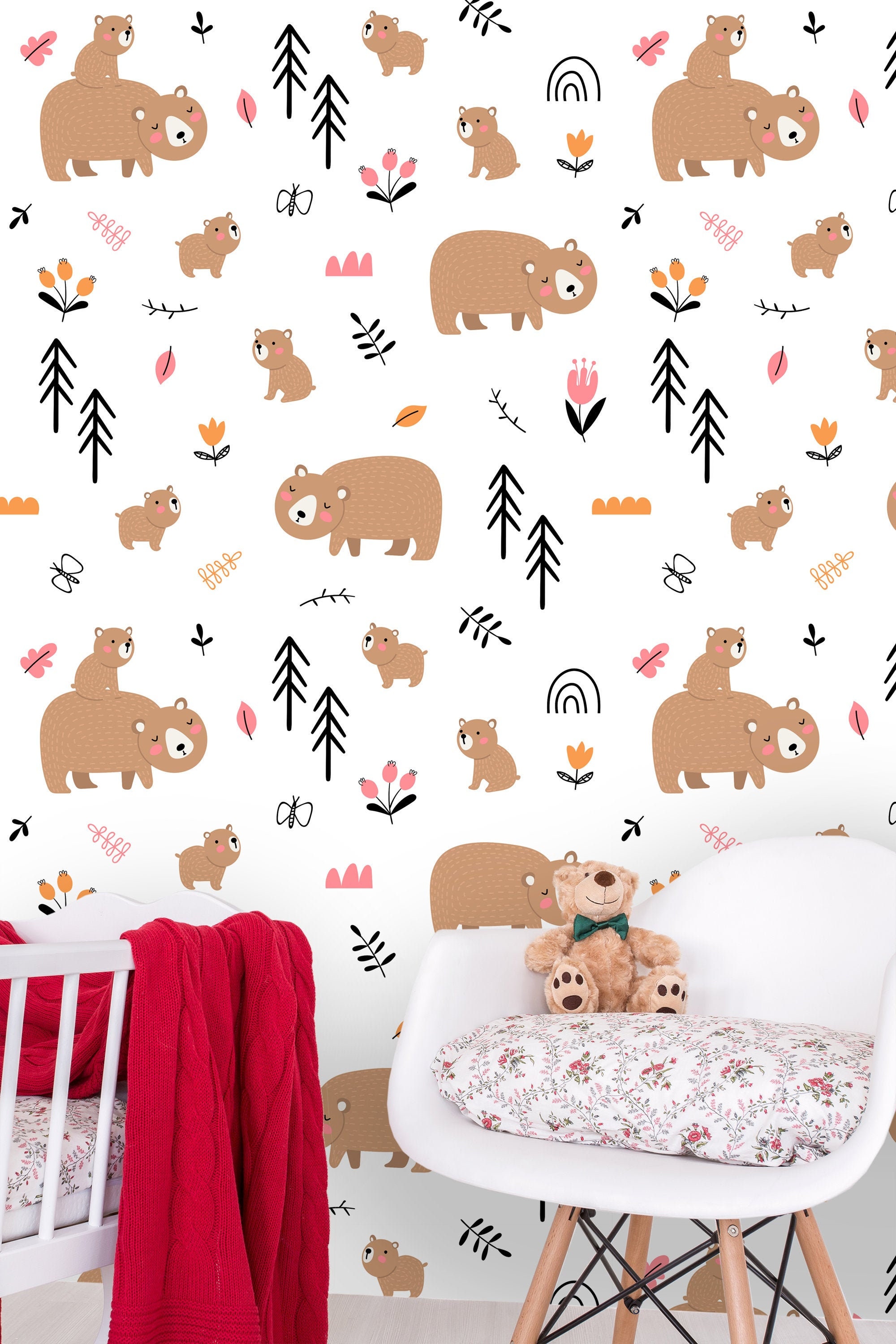 Cute Nursery Wallpaper With Bears in Forest Peel and Stick Etsy