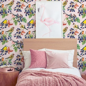 Pink floral wallpaper, flowers and birds wallpaper for kids room, floral wall mural, peel and stick or traditional wallpaper