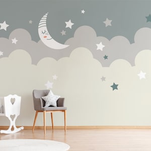 Murale di carta da parati per bambini del cielo della luna, carta da parati rimovibile autoadesiva peel and stick, carta da parati per bambini per bambini, decorazione della parete della stanza dei bambini
