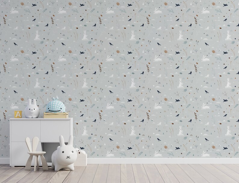 Gray Nursery Wallpaper With White Bunnies Selfadhesive Etsy
