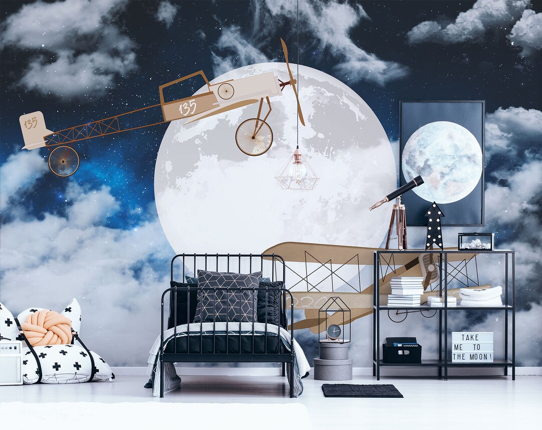 Vintage Airplanes on Night Sky Kids Wallpaper, Nursery Wallpaper, Child ...