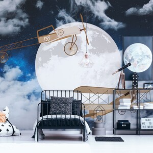Vintage Flugzeuge am Nachthimmel Kindertapete, Kinderzimmer Tapete, Kinderzimmer Tapete, abnehmbare Tapete, Babyzimmer Wand Dekor
