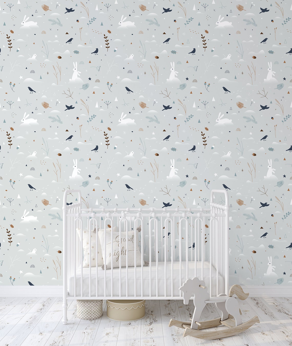 Gray Nursery Wallpaper With White Bunnies Selfadhesive Etsy