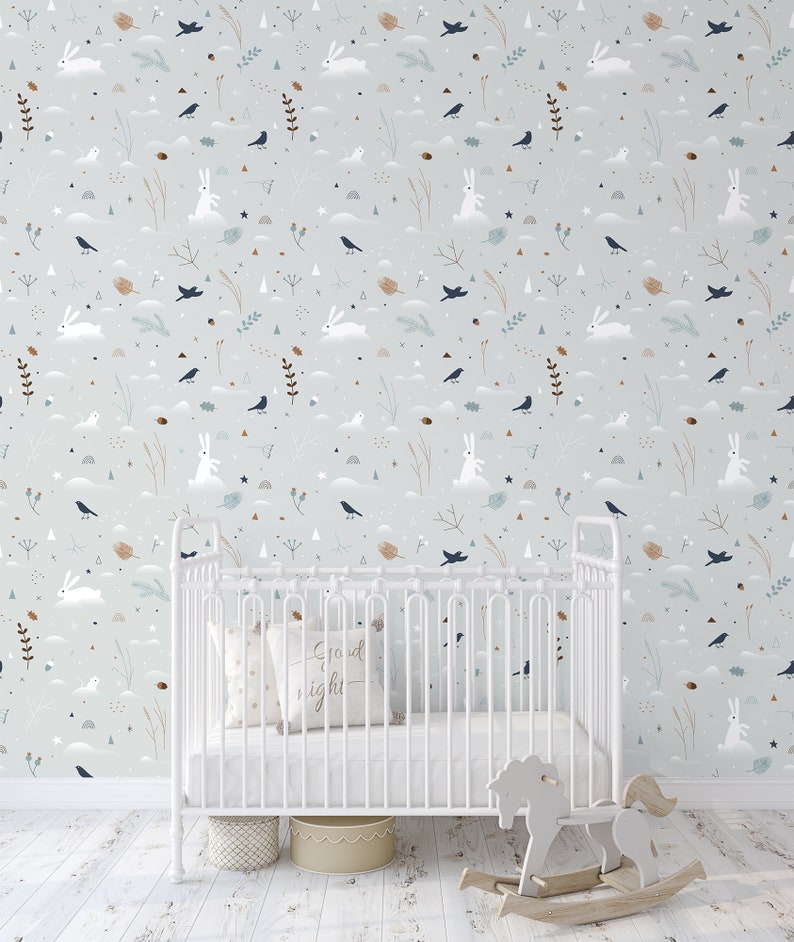 Gray Nursery Wallpaper With White Bunnies Selfadhesive Etsy