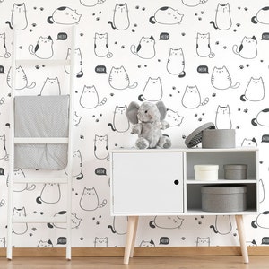 Black and white wallpaper with kitten pattern for kids room, peel and stick, self adhesive, nursery wallpaper, kids room wall decor