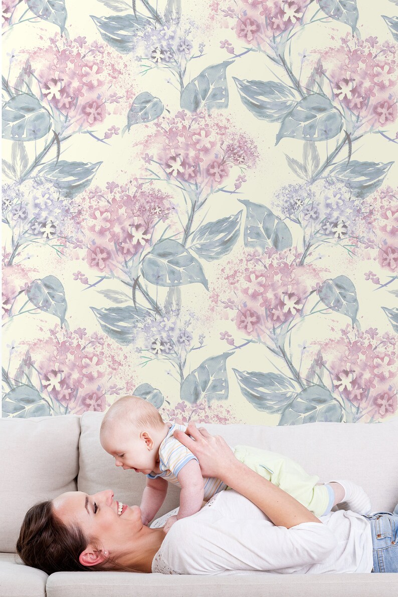 Watercolor Nursery Wallpaper With Hortensia Self-adhesive | Etsy