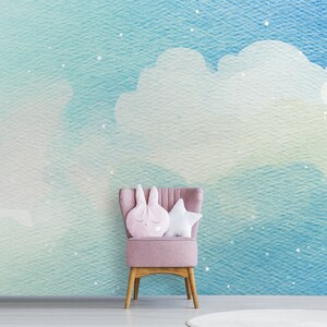 Nursery wall mural with blue clouds, peel and stick wallpaper with blue clouds, nursery wall print, kids wallpaper, watercolor wallpaper image 4