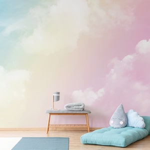 Pastel Clouds Kids Wallpaper, Kids Room Wall Mural, Pink Sky Peel and ...