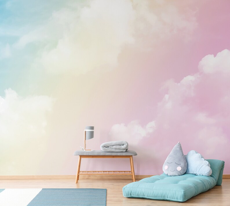 Pastel Clouds Kids Wallpaper Kids Room Wall Mural Pink Sky Etsy