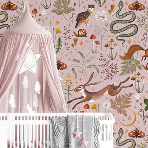 Nursery vintage wallpaper, pink botanical kids wallpaper, forest wallpaper, woodland animals, peel and stick or traditional vinyl wallpaper