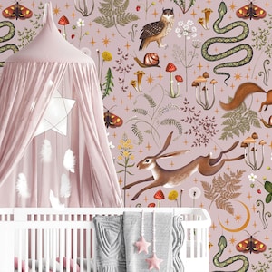 Nursery vintage wallpaper, pink botanical kids wallpaper, forest wallpaper, woodland animals, peel and stick or traditional vinyl wallpaper