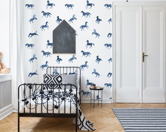 Hand painted horses wallpaper, peel and stick kids wall mural, watercolor nursery wallpaper, peel and stick removable wallpaper