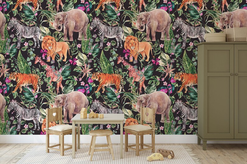 Tropical Jungle Animals Wallpaper, Kids Nursery Wallpaper, Peel and ...