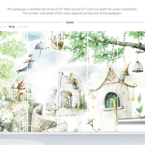 Puede incluir: Una ilustraci&oacute;n de acuarela de una ciudad fant&aacute;stica con un ni&ntilde;o volando, una casita de p&aacute;jaros, un &aacute;rbol con hojas verdes y un edificio blanco con una ventana. El papel tapiz est&aacute; dividido en tiras de 58,4 cm a 119 cm de ancho para una instalaci&oacute;n m&aacute;s f&aacute;cil.