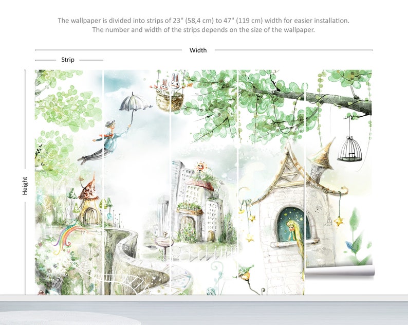 Puede incluir: Una ilustraci&oacute;n de acuarela de una ciudad fant&aacute;stica con un ni&ntilde;o volando, una casita de p&aacute;jaros, un &aacute;rbol con hojas verdes y un edificio blanco con una ventana. El papel tapiz est&aacute; dividido en tiras de 58,4 cm a 119 cm de ancho para una instalaci&oacute;n m&aacute;s f&aacute;cil.