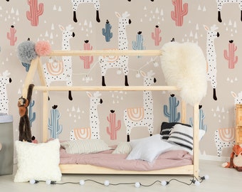 White llamas self adhesive wallpaper, kids removable wallpaper, nursery wallpaper, peel and stick wallpaper mural, temporary wallpaper