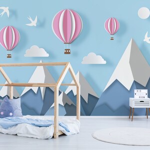 Mountains & Hot Air Balloons Wallpaper, Kids Wall Mural, Peel and Stick ...