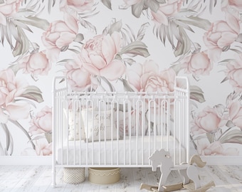 Mural de pared floral rosa claro para guardería, despegable y pegable, autoadhesivo, arte de pared de acuarela, papel tapiz para niños de guardería, decoración de pared de habitación de bebé