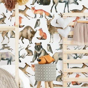 Forest animals wall mural, peel and stick wallpaper, removable wall stiker, watercolor pattern, nursery wallpaper, kids temporary wallpaper