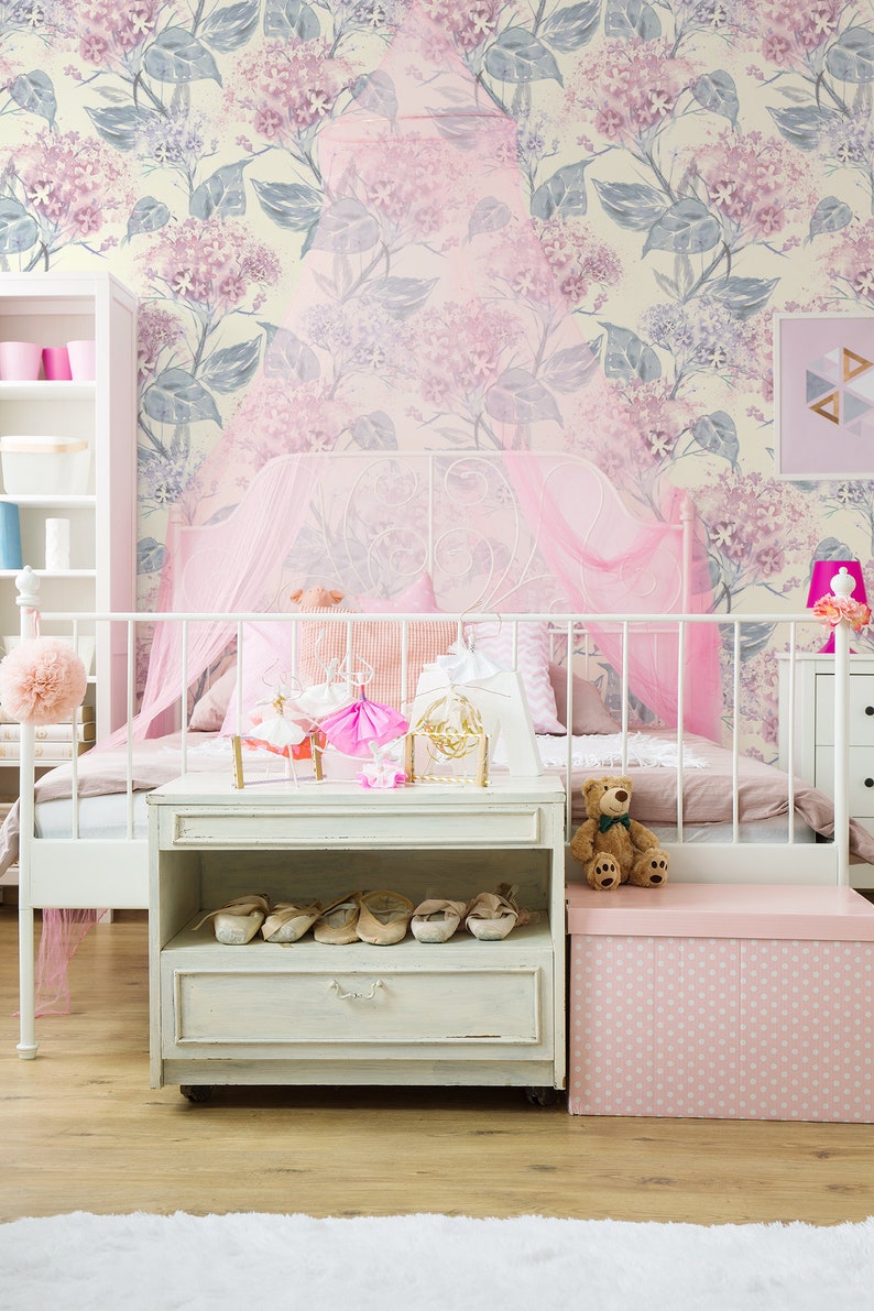 Watercolor Nursery Wallpaper With Hortensia Self-adhesive | Etsy